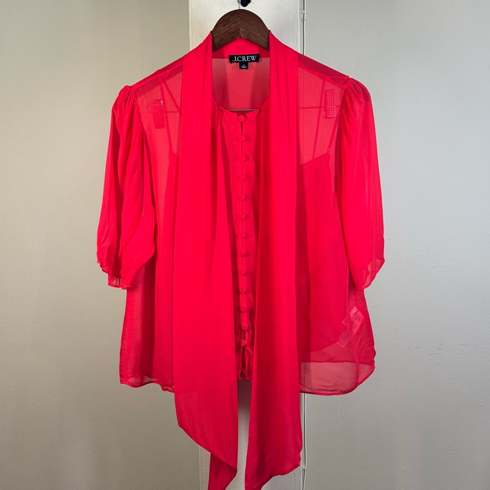NWOT. J. Crew Tie-neck button-up top in sheer chiffon - Picture 2 of 7